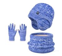 Niños Conjunto Gorro de Punto Bufanda Guantes Set 3 en 1, Invierno Cálidos Beanie con Orejeras Caliente Bufanda Pantalla Táctil Guantes para Niños Niñas 4-10 Años (Azul-Mix)