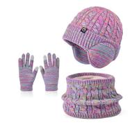 Niños Conjunto Gorro de Punto Bufanda Guantes Set 3 en 1, Invierno Cálidos Beanie con Orejeras Caliente Bufanda Pantalla Táctil Guantes para Niños Niñas 4-10 Años (Color-Mix)
