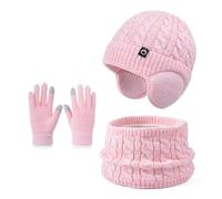Niños Conjunto Gorro de Punto Bufanda Guantes Set 3 en 1, Invierno Cálidos Beanie con Orejeras Caliente Bufanda Pantalla Táctil Guantes para Niños Niñas 4-10 Años (Rosa-Mix)
