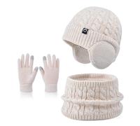 Niños Conjunto Gorro de Punto Bufanda Guantes Set 3 en 1, Invierno Cálidos Beanie con Orejeras Caliente Bufanda Pantalla Táctil Guantes para Niños Niñas 4-10 Años (Beige-Mix)