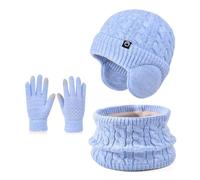 Niños Conjunto Gorro de Punto Bufanda Guantes Set 3 en 1, Invierno Cálidos Beanie con Orejeras Caliente Bufanda Pantalla Táctil Guantes para Niños Niñas 4-10 Años (Lago Azul -Mix)
