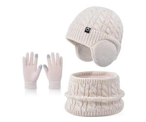 Niños Conjunto Gorro de Punto Bufanda Guantes Set 3 en 1, Invierno Cálidos Beanie con Orejeras Caliente Bufanda Pantalla Táctil Guantes para Niños Niñas 4-10 Años (Beige-Mix)