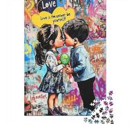 Niños Lindos Besándose Puzzle de 1000 Piezas Papel Puzzle para Adultos Estilo Graffiti Callejero Relajación Conquista Decoración Regalo Familiar 52x38cm/1000pcs