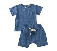 Niños Niños Bebé Niño Niña Sólido Algodón Jersey Manga Corta Sudadera Camiseta Cuello Redondo Tops Pantalones Cortos Conjunto Primavera Verano Ropa Pareja Hermanas, A-azul., 3-6 meses