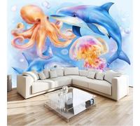 Niños Papel Pintado Acuarela Océano Vida, Mural Pulpo Medusa Tiburón 200 X 140 Cm No Tejido Murales Para Chico Chica - Moderno Decoración De Paredes Azul Para Sala De Estar Dormitorio Habitación