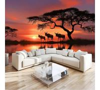 Niños Papel Pintado Animales Salvajes, Mural Pradera Puesta Sol 200 X 140 Cm No Tejido Murales Para Chico Chica - Moderno Decoración De Paredes Color Naranja Para Sala De Estar Dormitorio Habitación