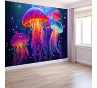 Niños Papel Pintado Dibujos Animados Océano, Mural Soñador Neón Medusa 400 X 280 Cm No Tejido Murales Para Chico Chica - Moderno Decoración De Paredes Azul Oscuro Para Dormitorio Habitación