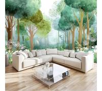 Niños Papel Pintado Fantasía Bosque, Mural Acuarela Flores Hierba Árbol Grande 200 X 140 Cm No Tejido Murales Para Chico Chica - Moderno Decoración De Paredes Verde Para Sala De Estar Habitación