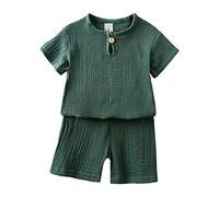 Niños pequeños, bebé, niño y niña, sólido, Sudadera de Lino y algodón de Manga Corta, Camiseta, Tops de Cuello Redondo, Conjunto de Pantalones Cortos, Ropa (Green, 3-4 Years)
