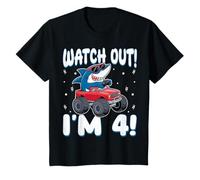 Niños Watch out I'm 4 Kids Monster Truck Shark Kids Cumple 4 años Camiseta