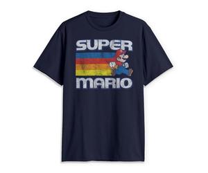 Nintendo Mens Super Mario Running Retro Stripe T-Shirt, Navy Blue, Large US