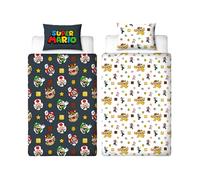 Nintendo Super Mario - Juego de Funda de edredón Oficial para Cama Individual con diseño de Mario, Luigi y Bowser | Funda de Cama Reversible Negra de 2 Caras, Producto Oficial Incluye Funda de