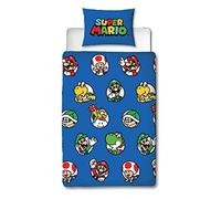 Nintendo Super Mario - Juego de Funda de edredón Oficial para Cama Individual, diseño Continuo, Funda de Cama Reversible Azul de 2 Caras, Producto Oficial, Incluye Funda de Almohada a Juego