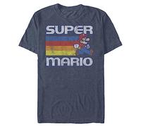 Nintendo Super Mario Running Retro Stripe Camiseta para Hombre, Azul Marino Jaspeado, L