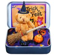 NIOMICO Little Bear in a Box Witch Plush Bear Halloween Mini Figuras con Box Cape Pumpkin & Cat para Trucos o tratadores Animales Relleno de Halloween