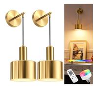 NIORSUN Juego de 2 apliques de pared que funcionan con pilas, luces de pared recargables inalámbricas doradas con bombillas desmontables regulables de 5200 mAh y control remoto, 9 colores, decoración