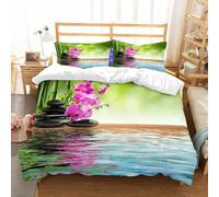 NIOYNJIS Juego de ropa de cama tamaño King con funda nórdica de plumón, microfibra suave con 2 fundas de almohada, juego de spa, orquídea, flores, piedra, cultura oriental, espiritualidad, bienestar