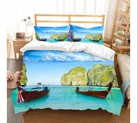 NIOYNJIS Juego de ropa de cama tamaño King - Funda de edredón de plumón, juego de funda de microfibra suave con 2 fundas de almohada, panorama sorprendente naturaleza paisajística Maya Bay con barco