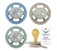 nip Cherry Green Night | Juego de 4 tetinas sostenibles de materias primas naturales para bebés de 0 a 6 meses | Apto para lactancia, respetuoso con los dientes con botón luminoso, pezones duraderos