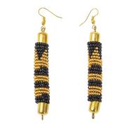 NIRALI - Pendiente CILINDRO TRIBAL ÉBANO oro/plata. Un homenaje moderno a la tradición africana. Colección Maasai Estilo Boho-chic tribal. Pendientes mujer Ideal para regalar. (Negro y Oro, Largos)