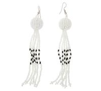 NIRALI - Pendiente Tribal Borla con cuentas de colores. Diseño étnico artesanal africano. Colección Maasai Estilo Boho-chic tribal. Pendientes mujer Ideal para regalar. (Blanco/Negro, Largo)