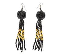 NIRALI - Pendiente Tribal Borla con cuentas de colores. Diseño étnico artesanal africano. Colección Maasai Estilo Boho-chic tribal. Pendientes mujer Ideal para regalar. (Negro/Oro, Largo)