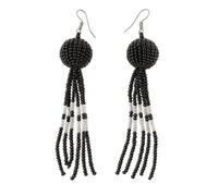NIRALI - Pendiente Tribal Borla con cuentas de colores. Diseño étnico artesanal africano. Colección Maasai Estilo Boho-chic tribal. Pendientes mujer Ideal para regalar. (Negro/Plata, Largo)