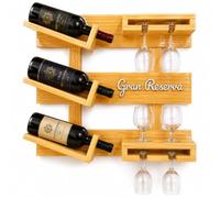 NIRALIS Botellero de Vino de Madera Estantería de Pared Personalizable con Letras en Volumen para 3 Botellas y 6 Copas, Mueble Bar de salón ya montado - 60 x 50 cm (Barnizado)