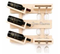 NIRALIS Botellero de Vino de Madera Estantería de Pared Personalizable con Letras en Volumen para 3 Botellas y 6 Copas, Mueble Bar de salón ya montado - 60 x 50 cm (Crudo)