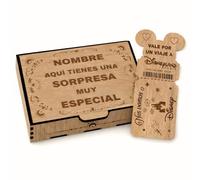 NIRALIS Caja Sorpresa Viaje Disney | Llave Disney Personalizada en Madera | Tarjeta Regalo en Forma de Billete | Anuncio de Viaje a Disneyland | Regalo Personalizado Comunión (Roble, Personalizado)