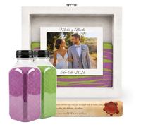 NIRALIS Kit Ceremonia Arena Personalizable de Madera lacada con arena decorativa color Verde y Morado, para Ritual Arena boda Kit, con Marco de fotos10x15, 2 botes de 800g… (Blanco - Verde/Morado)