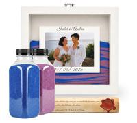 NIRALIS Marco Ceremonia Arena Personalizable de Madera lacada con arena decorativa color Azul y Morado, para Ritual Arena boda Kit, con Marco de fotos10x15, 2 botes de 800g… (Blanco - Azul/Morado)