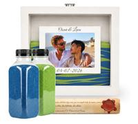 NIRALIS Marco Ceremonia Arena Personalizable de Madera lacada con arena decorativa color Azul y Verde, para Ritual Arena boda Kit, con Marco de fotos10x15, 2 botes de 800g… (Blanco - Azul/Verde)