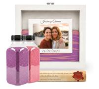 NIRALIS Marco Ceremonia Arena Personalizable de Madera lacada con arena decorativa color Morado y Rosa, para Ritual Arena boda Kit, con Marco de fotos10x15, 2 botes de 800g… (Blanco - Morado/Rosa)