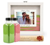 NIRALIS Marco Ceremonia Arena Personalizable de Madera lacada con arena decorativa color Verde y Rosa, para Ritual Arena boda Kit, con Marco de fotos10x15, 2 botes de 800g… (Blanco - Verde/Rosa)