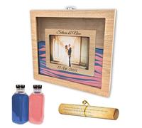 NIRALIS Pack Ceremonia Arena Bodas Personalizado Madera Roble | Arena de Colores 2 botes de 800g | Portafoto 10x15cm | Personalizable con Fecha y Nombres Novios (Roble, Arena Azul Y Rosa)