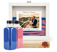 NIRALIS Pack Ritual Arena Personalizable de Madera lacada con arena decorativa color Rosa y Azul, para Ritual Arena boda Kit, con Marco de fotos formato 10x15, 2 botes de 800g… (Blanco)