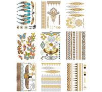 Nirbffo Metal Temporary Tattoo Party Body Arm Art Fake Flash Tattoos Oro Metálico Tatuaje Adhesivo Adhesivo Impermeable Cadena Pulsera Temporal Tatuaje Flores Mandala Rosa 10 Hojas