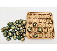Nirdesh Jade Green Rune Sets Elder Futhrak Set Alphabate Runic Engraved Pagan Lettering Symbol with Runes Symbol Wooden Chart, Pouch 25 Piece Symbolic Rune Stones Set with Gift Box