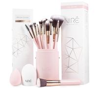 Niré Beauty Pink - Juego de brochas de maquillaje de 15 piezas galardonadas con funda, esponja de mezcla, limpiador de pinceles, guía, caja de regalo