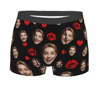 Nirusetty Boxers personalizados para hombre, novio, marido, con cara, divertidos calzoncillos tipo bóxer para el día de San Valentín, regalos divertidos, Corazón rojo amor y labios, XXL