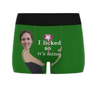 Nirusetty Calzoncillos tipo bóxer divertidos personalizados con cara para hombres, novio, padre, marido, cumpleaños, día de San Valentín, I Licked It, So It's Mine - Verde, M