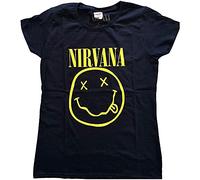 Nirvana Camiseta amarilla sonriente azul marino para mujer, color negro, gris, M
