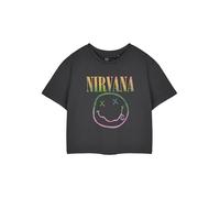 Nirvana Camiseta corta gris de manga corta para mujer, camiseta corta con logotipo de arco iris, ropa vintage de la banda Grunge, regalo de mercancía musical para mujer, gris, M