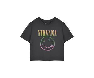 Nirvana Camiseta corta gris para mujer de manga corta | Top corto gráfico con logo de arcoíris | Ropa vintage de la banda Grunge | Regalo de mercancía musical para mujer, gris, L