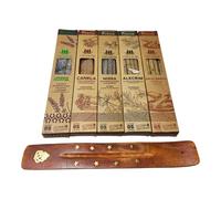 Nirvana Incienso Natural Eco Premium de Brasil, Pack de 5 Cajas con Canela, Lavanda Celestial, Romero, Palo Santo y Mirra, 25 Varillas Totales de Larga Duración, Incluye Tablilla de Madera