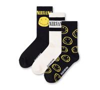 Nirvana Juego de 3 calcetines negros, blancos y amarillos para hombre | Pack de 3 con logotipo clásico y diseño de carita sonriente | Calcetines de diario