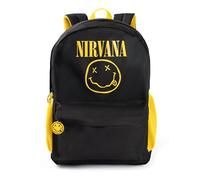 Nirvana Mochila unisex con logo negro | Tela resistente con bolsillo frontal y bolsillos laterales de malla | Mochila escolar para llevar libros y artículos personales | Mercancía