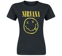 Nirvana Smiley Logo Mujer Camiseta Negra Regular, Negro, L