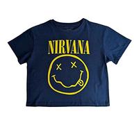 Nirvana - Top Crop Flower Sniffin Smiley de Algodón para Mujer (M) (Azul Denim, Amarillo)